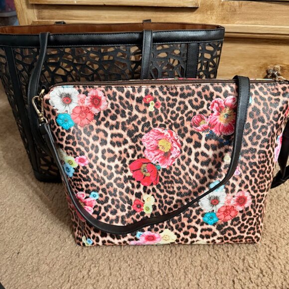 GUC~ 2/1 Laser Cut Out Black Shopper & Leopard Cross Body Bag-Purse-Tote (Bin 9) - Picture 8 of 11